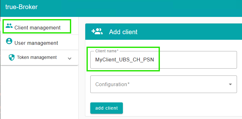 Screenshot of the add client screen