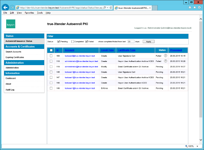 Certificate issuance status